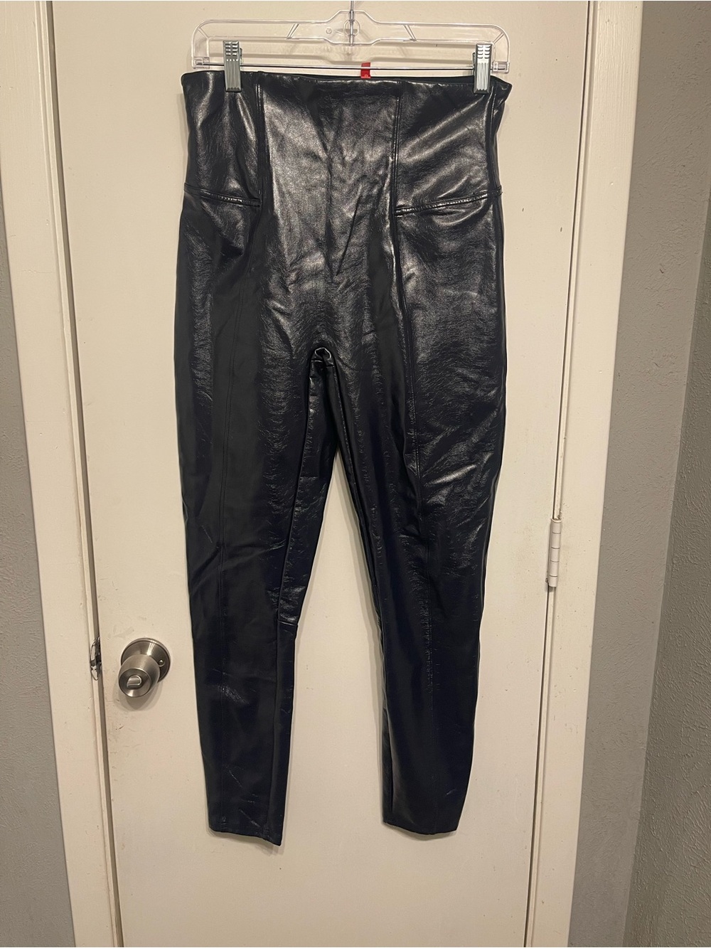 SPANX Faux Patent Leather Leggings Port Navy Blue High Waisted Size Large